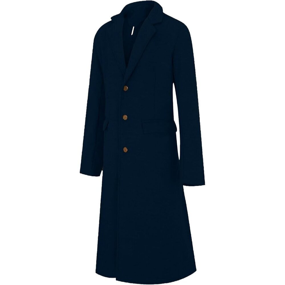 Men's  Dark Blue Slim Fit Notched Collar Long Casual Trench Coat with Pocket - Picture 6 of 6